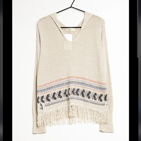 Hollister Cream Striped Fringe Boho Beachy Festival Hooded Pullover Sweater Sz S - Picture 1 of 8